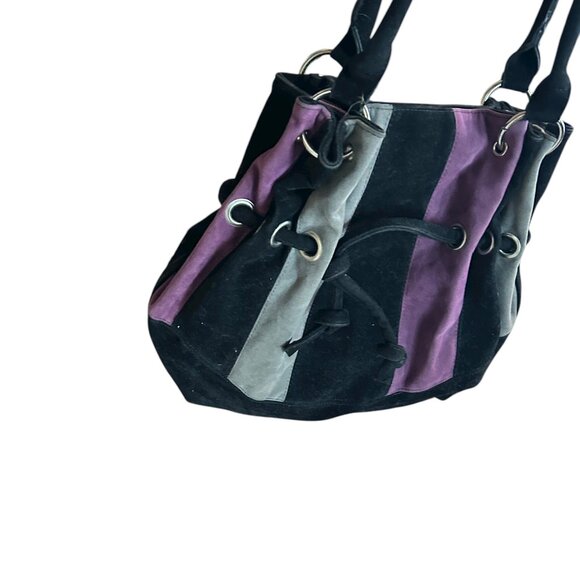 Laura Black Suede Slouchy Hobo Bag Purse Bucket Style Silver Hardware Striped - Picture 3 of 7